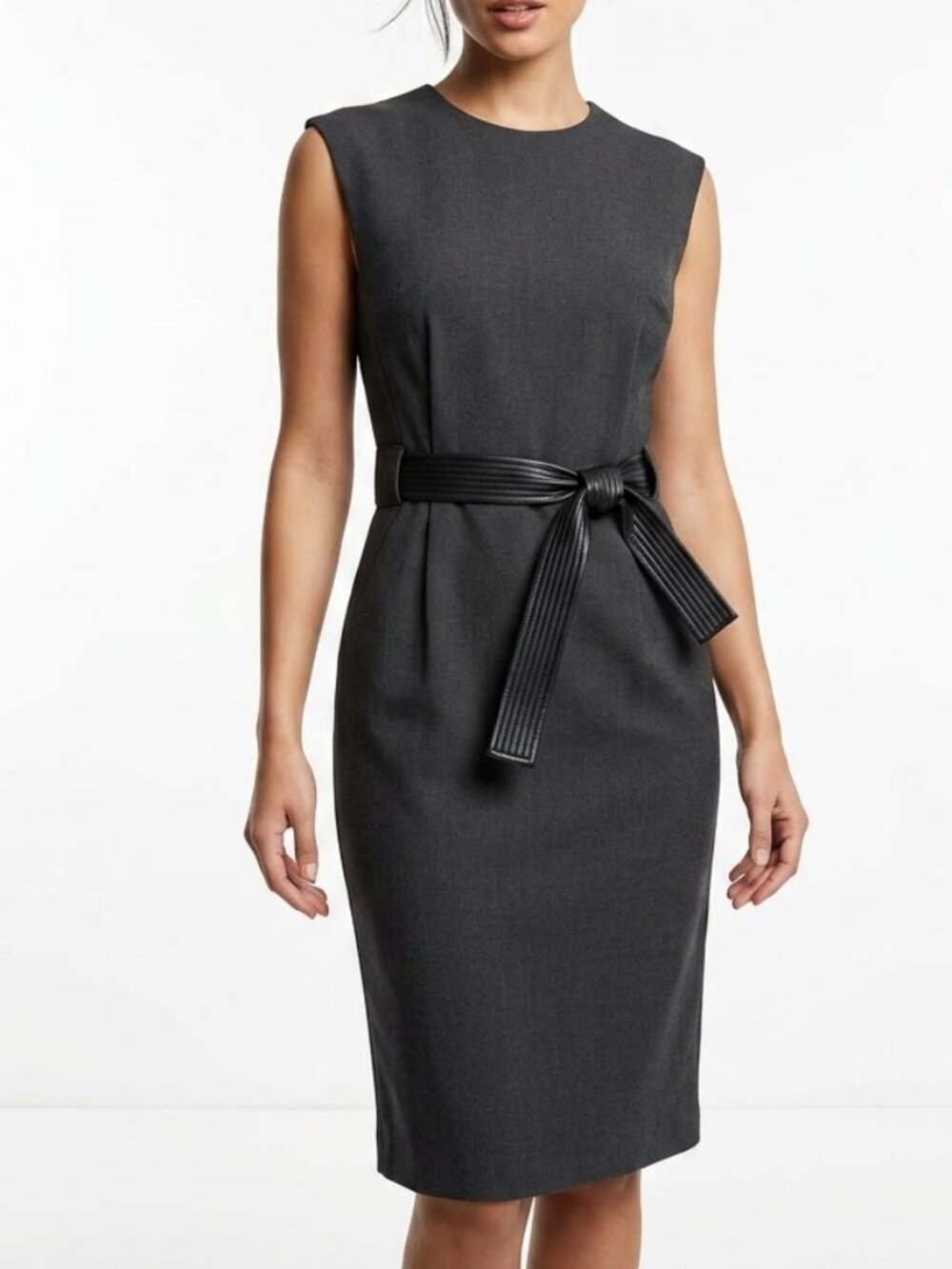 Calvin Klein Goth Corpcore Black Belted Crepe Midi Sheath Dress Size 2 Minimal
